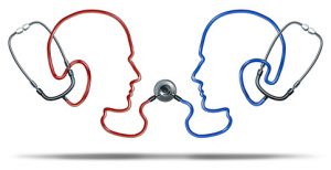 Medical communication with a group of doctor stethoscope equipment in the shape of two human heads connected together in a health care network for patient information exchange on a white background.