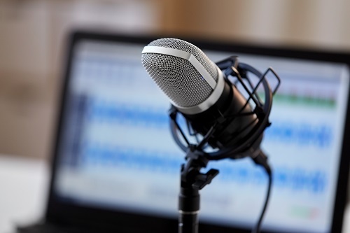 A professional-grade microphone in front of a computer screen.