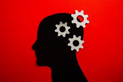An illustration of a silhouetted head with cogs placed over the crown. 