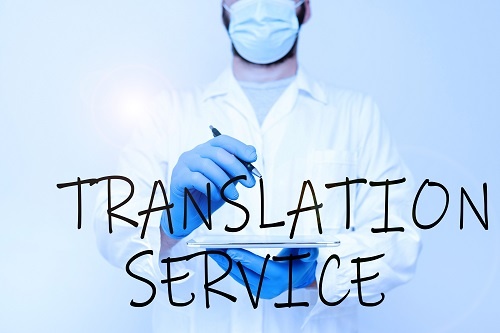 Illustration of a doctor in a white lab coat writing Translation Service on the glass in front of him.