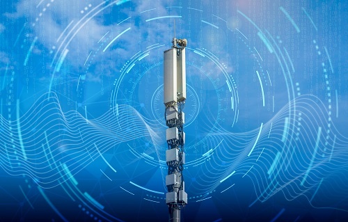 Cellular base station with transmitting antennas on a telecommunication tower on a technological background with abstract waves