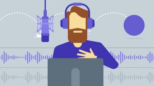 illustration of voiceover actor in the booth with purple microphone and headphones