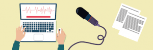 illustration of voiceover microphone, script, and laptop on yellow background
