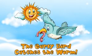 Idiom expression for early bird catches the worm illustration to show voiceover translation is king